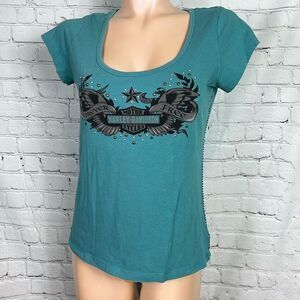 Harley-Davidson Teal Short Sleeve Scoop Neck Grommet Graphic Tee Size Medium